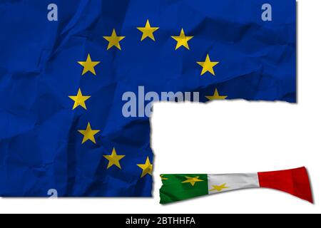 Italian flag torn from that of Europe. Italian flag torn from the flag of Europe. Stock Photo