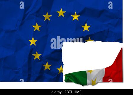 Italian flag torn from that of Europe. Italian flag torn from the flag of Europe. Stock Photo