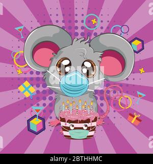 Cartoon kawaii anime grey mouse or rat in face mask with chocolate cake design. Stock Vector