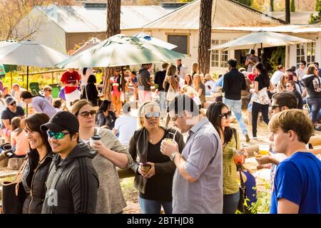 Johannesburg, South Africa - May 24, 2015: Crowds of diverse people sitting in the beer garden at outdoor farmer's market Stock Photo