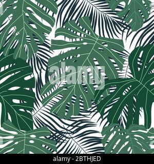 Seamless pattern with tropical leaves on a white background. Cartoon vector illustration in flat Stock Vector