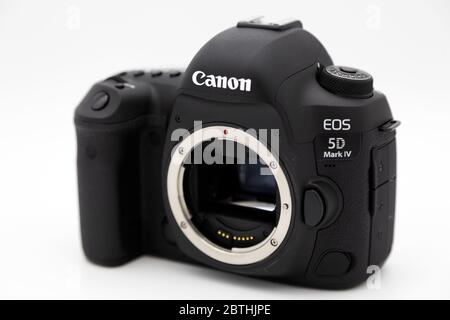 A Canon 5D Mark IV camera body. It is a full-frame digital single lens reflex (D-SLR) camera. Stock Photo