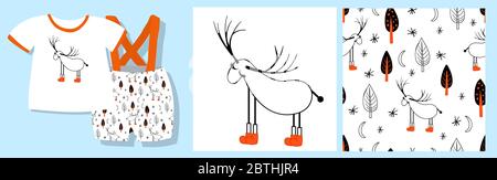 Funny print for baby clothes. Cute pattern with trees. T-shirt design. Vector illustration. Ready-made textile design kit. Seamless pattern. Deer Stock Vector