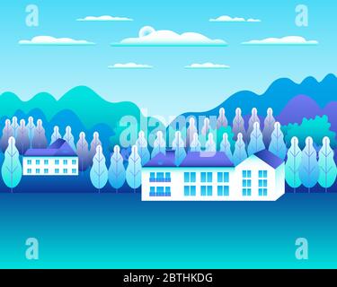 Rural or urban landscape outdoor. City or village in flat style design. Countryside with houses, buildings. Hills, mountains, forest, trees.  Cartoon Stock Vector