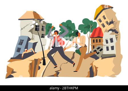 Earthquake and distater, people running from cataclysm or apocalypse Stock Vector