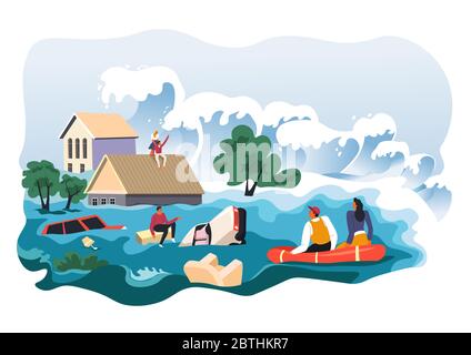 Flood in city or village, calamity or apocalypse Stock Vector