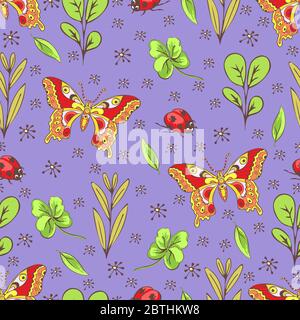 Cartoon drawing colorful insects, flowers and plants seamless pattern, floral background. Bright multi-colored butterflies, ladybug, buds, leaves and Stock Vector