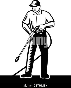 Illustration of male worker with pressure washer chemical washing using high-pressure water spray viewed from front done in retro woodcut Black and Wh Stock Vector