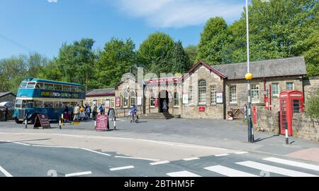 A vintage bus waiting for passengers outside Haworth train station during the villages 1940's weekend Stock Photo