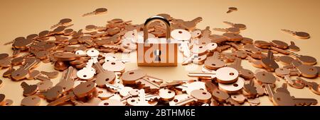 Padlock with infinite keys, metaphor of problems, solutions  and risk management; original 3d rendering Stock Photo