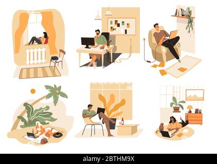 People at home using laptops and modern technologies Stock Vector