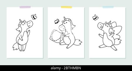 Vector set with cute unicorns with butterfly in the childish style. Vector illustration for coloring book. Outline black and white picture for childre Stock Vector