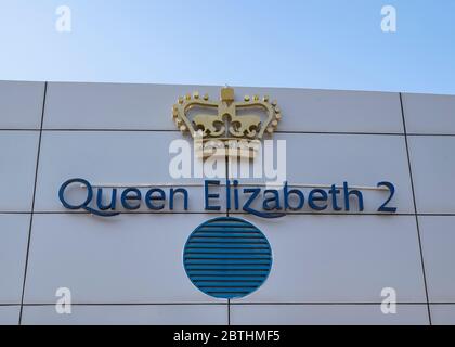 Queen Elizabeth 2 sign and logo in Dubai, United Arab Emirates.