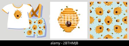 Funny print for baby clothes. Cute pattern with bees and bee hives. T-shirt design. Vector illustration. Ready-made textile design kit. Seamless Stock Vector