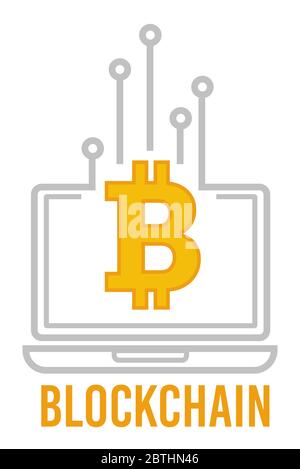 Bitcoin and blockchain financial system, laptop with screen Stock Vector