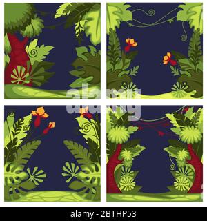 Jungle forest with flora plants at night set Stock Vector