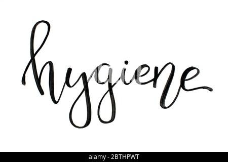 Black handwritten inscription HYGIENE on a white  background Stock Photo