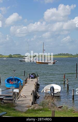boats anchoring off Maasholm, Baltic Sea Fiord Schlei, Schleswig-Holstein, Germany Stock Photo