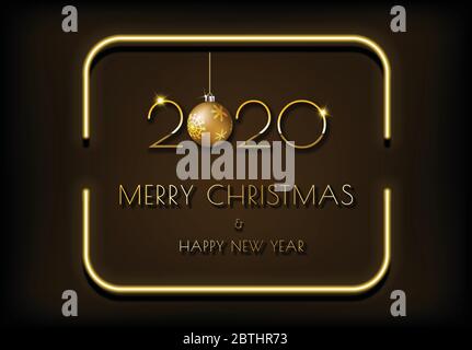 Dark brown background and golden text Merry Christmas and Happy New Year 2020 in bright glowing neon frame. Stock Vector