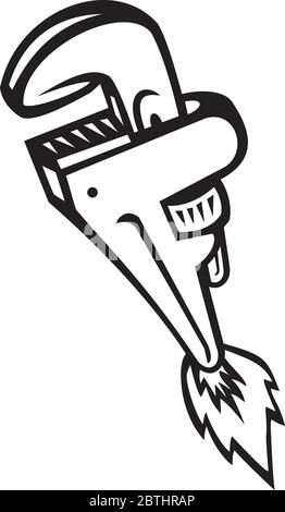 Black and White Illustration of a pipe wrench with rocket booster blasting off set on isolated white background done in retro style. Stock Vector