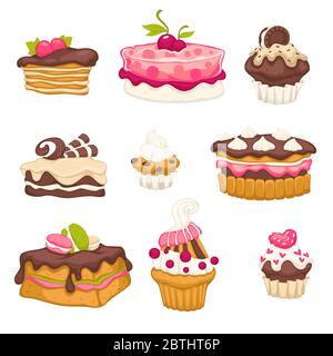 Desserts with cherry and chocolate top, sweets set Stock Vector
