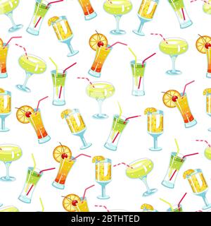 Alcoholic cocktails and beverages with straws seamless pattern Stock Vector