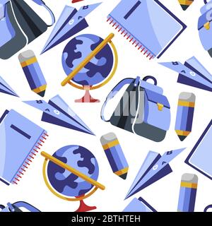 School stationery supplies, notebook and pencils seamless pattern Stock Vector