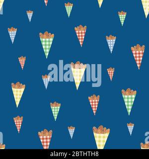 Vector roasted almond nuts in multicolor gingham paper bags seamless pattern background. Brown oval seeds on blue backdrop. Kernel shells design for Stock Vector