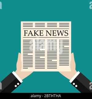 Hands holding fake news newspaper flat style. Vector illustration Stock Vector