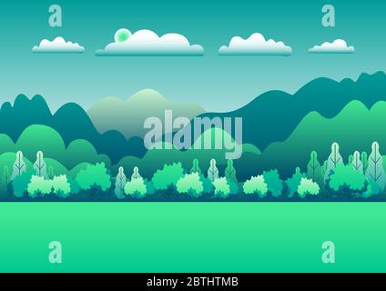 Hills and mountains landscape in flat style design. Beautiful green field with grass, meadow and sky. Rural location in the forest, trees. Cartoon ill Stock Vector