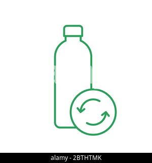 Reusable bottle thin line icon with recycle sign. Returnable glass bottle. Sustainable lifestyle. Green outline on white background. Zero waste Stock Vector