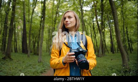 Photographer admiring spring leafy forest Stock Photo