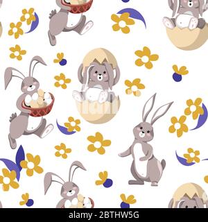Cute easter rabbit in egg shell seamless pattern Stock Vector