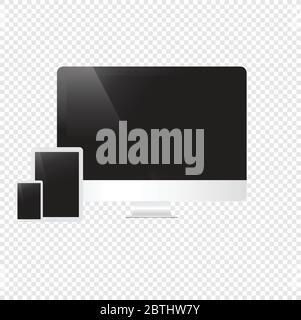 Set of realistic display, tablet, computer, smart phone template on transparent background. Stock Vector