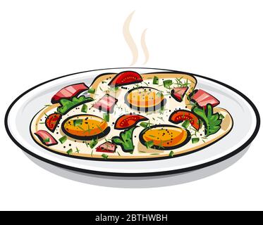 illustration of the scrambled fried eggs with ham and parsley on the plate Stock Vector