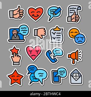 Set of Testimonials Related Vector Stickers. Contains Stickers Customer Relationship Management, Feedback, Review and Emotion symbols Stock Vector