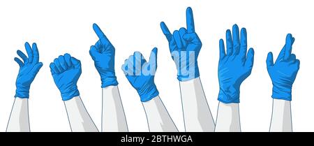 A collection of various hand gestures wearing PPE protection latex gloves. Stock Vector