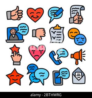 Set of Testimonials Related Vector Color Line Icons. Contains Icons as Customer Relationship Management, Feedback, Review and Emotion symbols Stock Vector