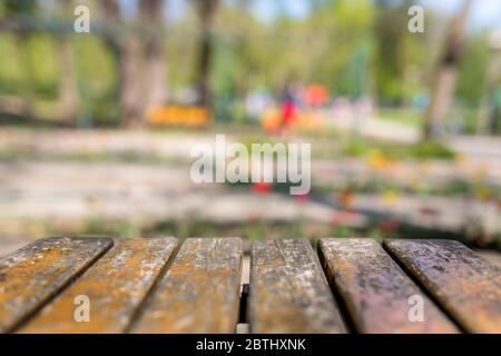 Nature background and table wood for product display template, Empty wooden table and sack tablecloth over blur green tree at park, garden outdoor Stock Photo