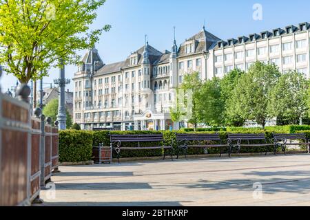 DEBRECEN, HUNGARY - AUGUST 23, 2014: Grand Hotel Aranybika is a four-star hotel with its history dates back to the late 17th century but the current Stock Photo