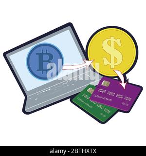 the concept of earning money on the Internet. Income on the computer online. Withdraw money to cards. Change bitcoin to the dollar. Illustration Stock Photo