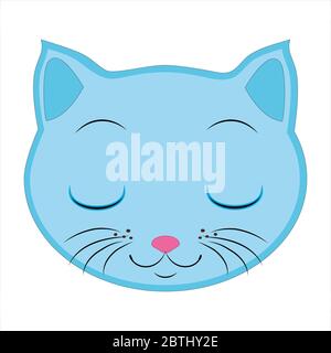 Flat drawing of a cat. Blue cat face Emoji. Signs and symbols of the cat. Sleep, eyes closed.Illustration Stock Photo