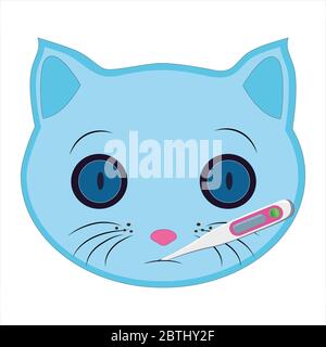 Flat drawing of a cat. Emoji, take your temperature, thermometer. Signs and symbols of the cat. Illustration Stock Photo