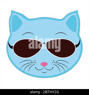 Flat drawing of a cat . An Emoji of a blue cat's face in sunglasses.. Signs and symbols of the cat.Illustration Stock Photo