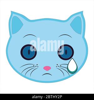 Flat drawing of a cat. Emoji, crying, flowing tear dripping. Signs and symbols of the cat. Illustration Stock Photo