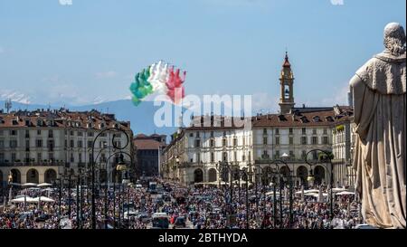 Acrobatic air performance of Frecce tricolori (tricolour arrows) in the sky Stock Photo