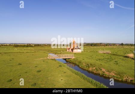 aerial view of St Thomas a Becket church at  Fairfield in the Romney march kent Stock Photo