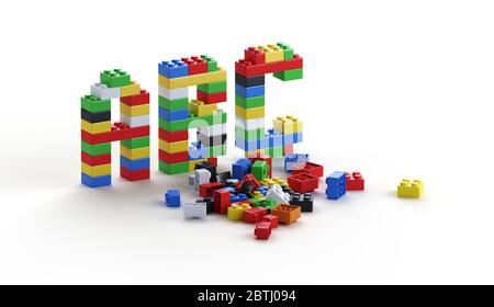 ABC word made of LEGO bricks. Elementary education concept. 3D rendered image. No copyrighted logos. Stock Photo