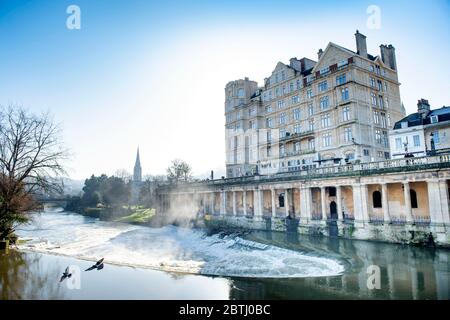 Pulteney Weir in Bath during winter high water, UK Stock Photo