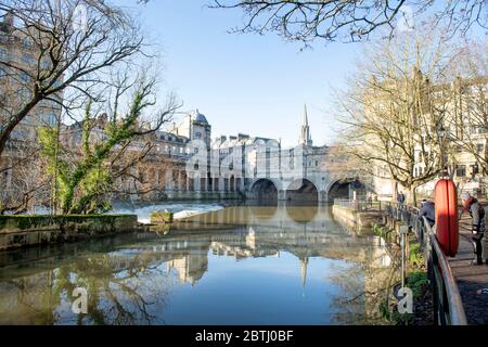 Pulteney Weir in Bath during winter high water, UK Stock Photo